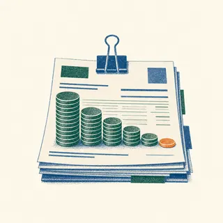 Stack of paper loan statements with a staircase of coins shrinking as the balance is paid down